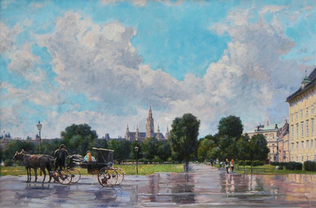品名 | 雨后-远眺维也纳市政厅   材质 | 亚麻 油彩
                                规格 | 100x67cm &nbsp;&nbsp; 年份 | 2016
