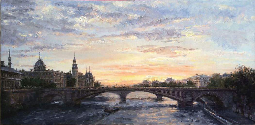 品名 | 被夕阳抚摸的圣母院桥   材质 | 油画
                                规格 | 30x60cm &nbsp;&nbsp; 年份 | 2017